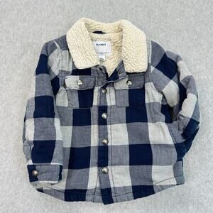 Old Navy Jacket Kids Boys Sz 3T Sherpa Fleece Lined Button Up Buffalo Plaid Blue